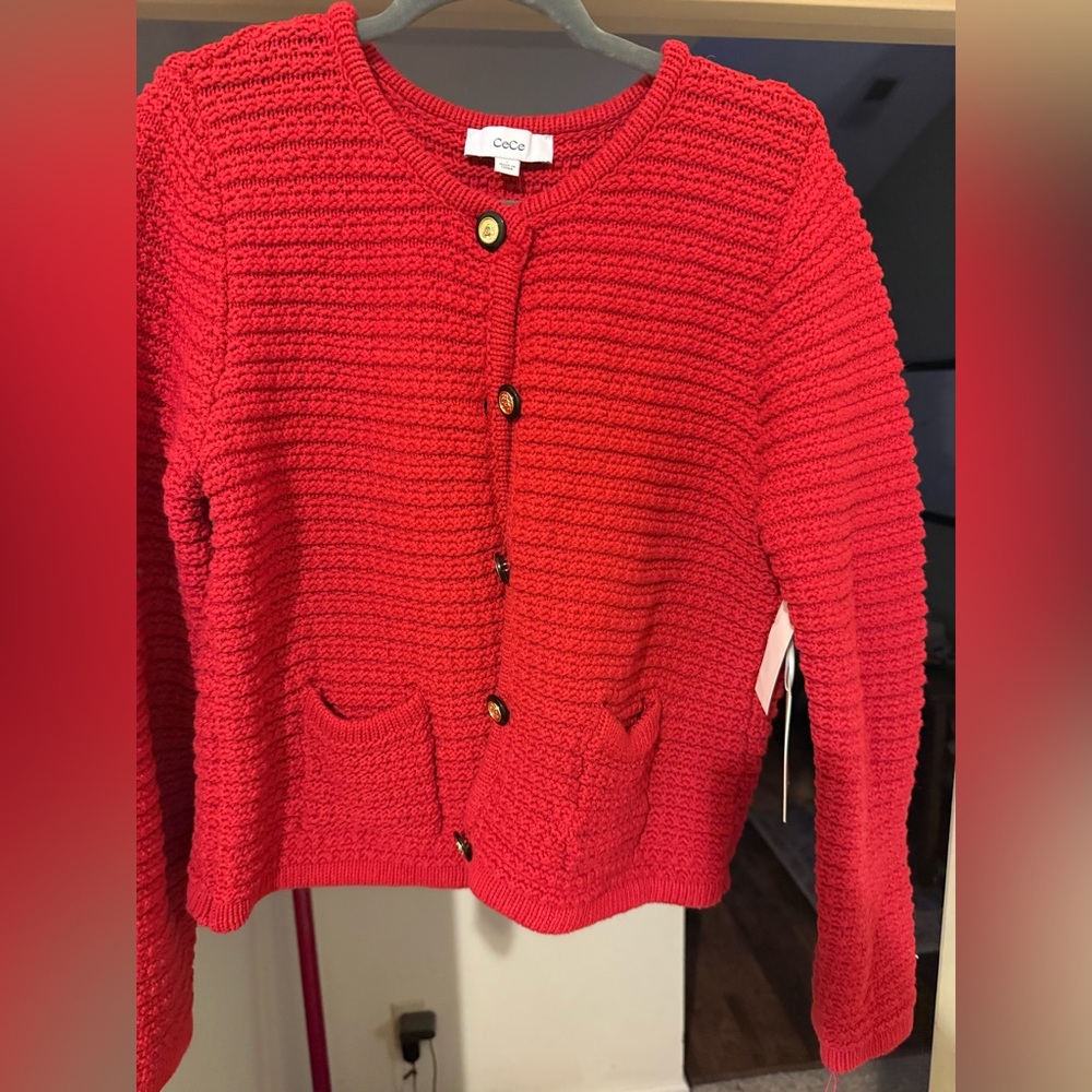 CeCe Vibrant Red Cardigan Sweater
